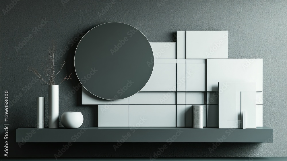 Poster modern minimalist shelf display with abstract art and decorative objects in a dark room