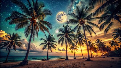 Obraz premium Vintage Night Tropical Landscape: Palm Trees, Moonlit Beach, Starry Sky