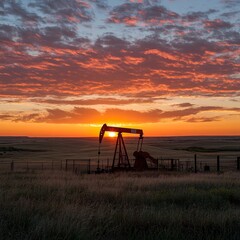 Fototapeta premium Sunset over oil pump jack in the open fields of rural America