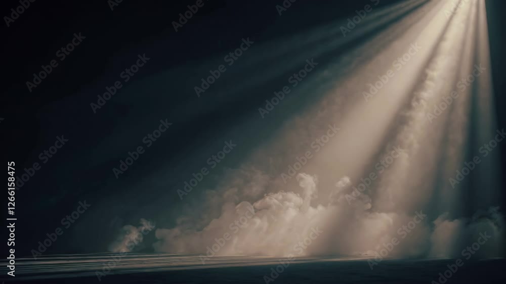 Poster Sunlight streaming through clouds illuminating a peaceful sky, ethereal and serene atmosphere concept