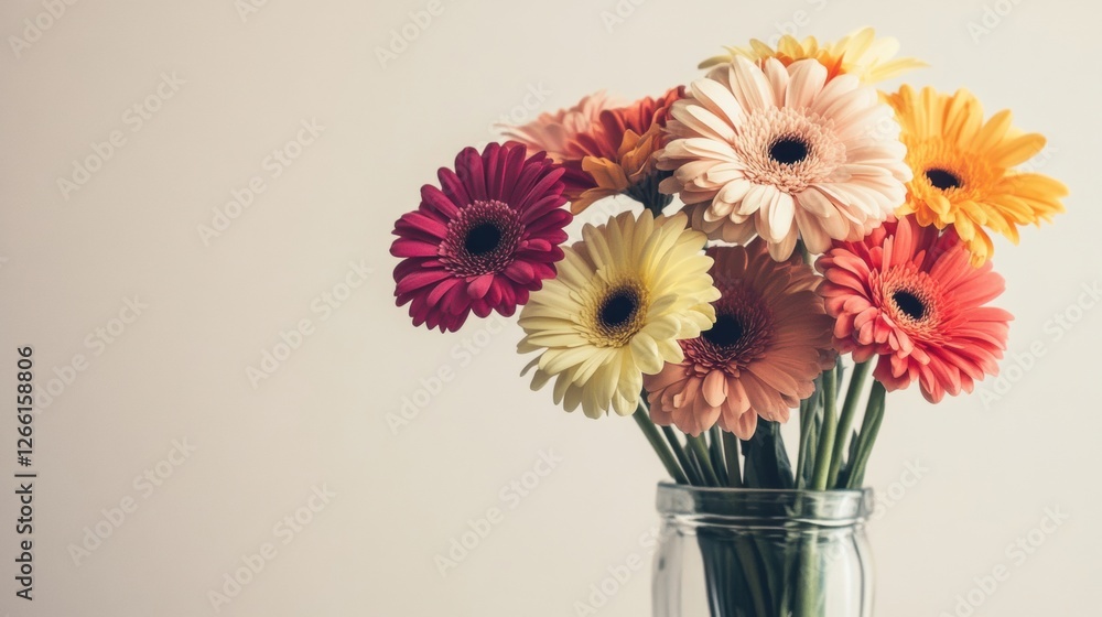 Poster colorful gerbera daisies arranged in a clear glass vase on a neutral background at a bright indoor s