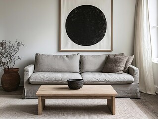 A modern minimalist interior design for a living room with a sofa and table. Generative AI
