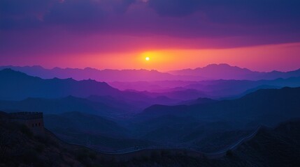 Obraz premium Sunset over the Great Wall of China mountain range