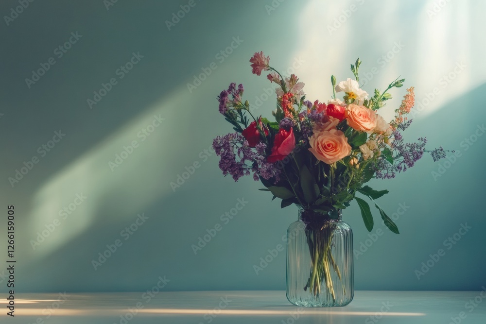 Aufkleber colorful flower bouquet in a glass vase placed on a table with soft light illuminating the arrangeme