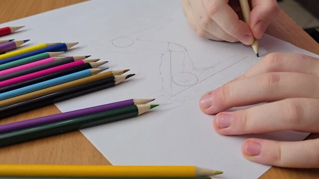 Little artist sketching with pencil. Child's hands drawing creative letter M in shape of mouse, using pencils. learning materials, blog on creativity, early childhood development programs