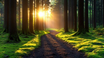 Fototapeta premium Sunrise path through mossy forest (1)