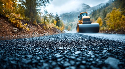 Road construction, mountain asphalt, roller, autumn