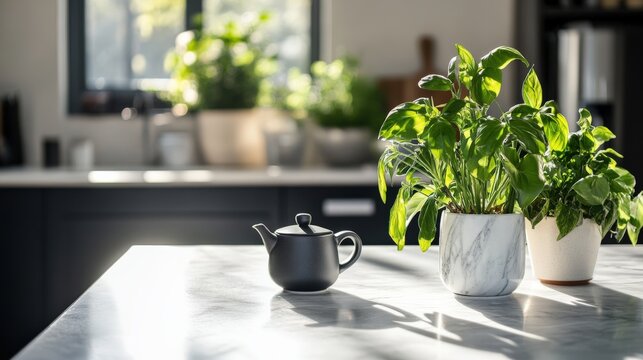 A serene kitchen scene featuring potted herbs and a teapot on a marble countertop with sunlight