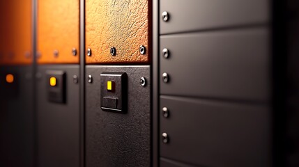 Close-up view of modern lockers with textured surfaces and illuminated buttons in a facility