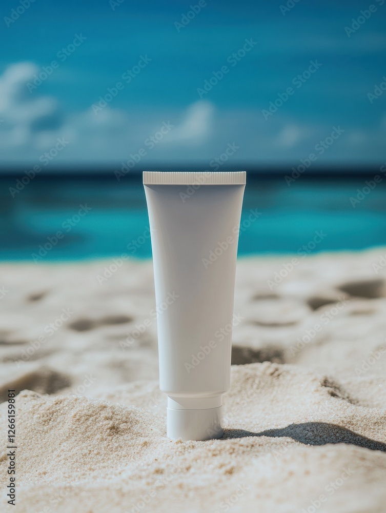 Aufkleber cosmetics cream tube resting in sand with a beautiful beach background and a clear blue sky. generat