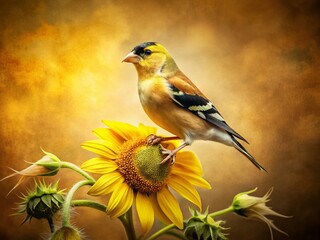 Fototapeta premium Vintage Photo of Curious Goldfinch on Sunflower