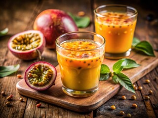 Vintage Photo of Passion Fruit Juice with Seeds, Refreshing Tropical Drink