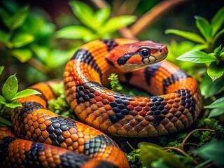 Naklejka premium Vintage Photo: Vibrant Orange & Black Snake in Lush Green Foliage with Bokeh