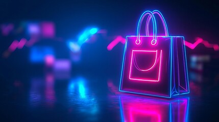 Business E-commerce Growth up Neon shopping bag with vibrant colors.