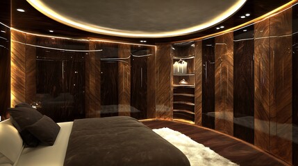 Luxurious yacht bedroom, curved walls, night