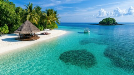 Fototapeta premium Tropical island beach hut, relaxation, turquoise water, boat in distance