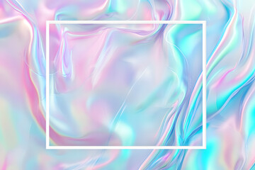 Abstract background square with white frame. Central part is white iridescent holographic effects. Rainbow sunlight. Greeting cards, announcements, invitations with room for personalized text.