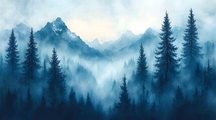 Obraz premium Ethereal mountains panorama shrouded in mist among coniferous trees