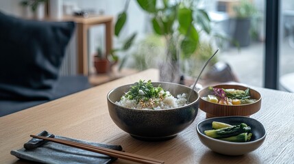 A cozy morning setting with a steaming bowl of rice, miso soup, and a side of pickled vegetables, capturing the essence of a Japanese home breakfast