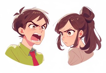 Angry cartoon couple with wide eyes and open mouths, side by side