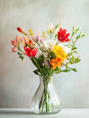 Beautiful mixed bouquet of fresh flowers in a clear glass vase on a subtle background. Generative AI