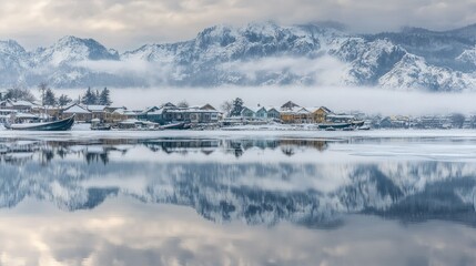 A dramatic winter landscape of Dal Lake, with fog rolling over the frozen waters and snow-covered Kashmiri houseboats reflecting in the stillness.