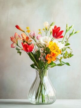 Beautiful mixed bouquet of fresh flowers in a clear glass vase on a subtle background. Generative AI