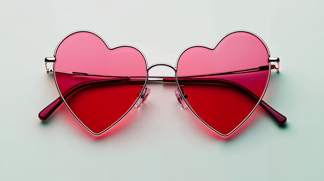 Heart-shaped sunglasses with a vibrant pink tint sitting against a light background