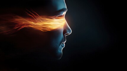 Portrait of a man with fiery light effects emanating from eyes, symbolizing vision, creativity, and inspiration in dark tones