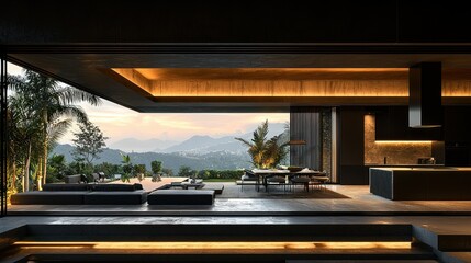 Stylish living room with open space and mountain views for real estate ads