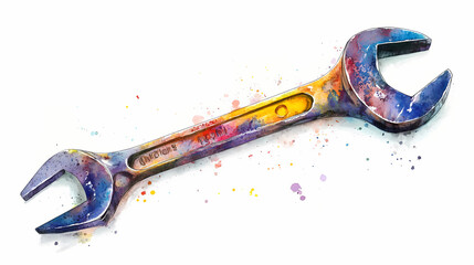 Colorful watercolor spanner on a white background highlights intricate textures and vivid hues, offering a unique artistic depiction of a tool. Shadowfire Summoners. Illustration