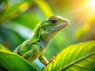Fototapeta premium Vintage Sri Lanka Green Lizard on Leaf - Stock Photo