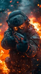 Fototapeta premium Soldier With Weapon Amidst Fire And Explosions In Combat Gear With Protection. Focused On Threat During Military Action. Showing Courage And Duty. With Tactical Uniform And Armed Equipment. Aiming