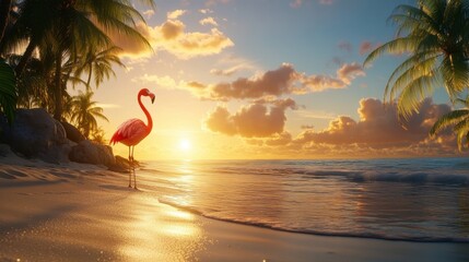 Pink flamingo stands on beach at sunset, palm trees in background. Perfect for travel, vacation, or tropical themes.
