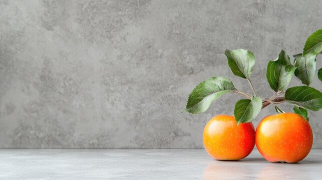 Two ripe apples on branch, grey background, food photography, recipe blog