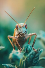 Close Up Of A Grasshopper On Green Leaves
