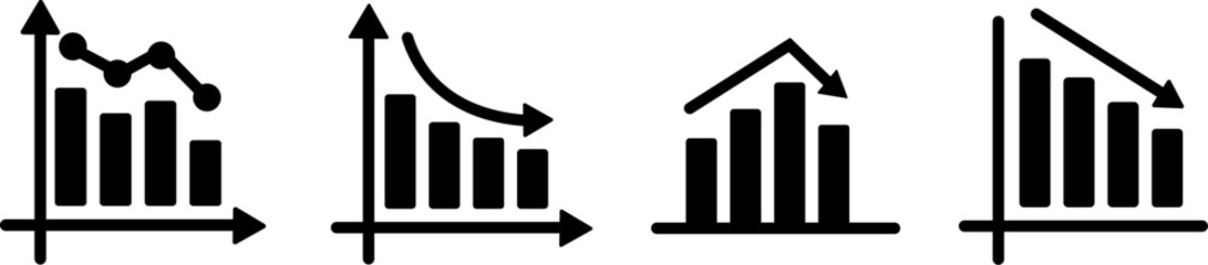Bar chart icons.Growing chart with arrow.Business graph  icons.Statistic charts diagrams with down or up arrows. Vertical bar chart with different heights.Data analytics vector icons.