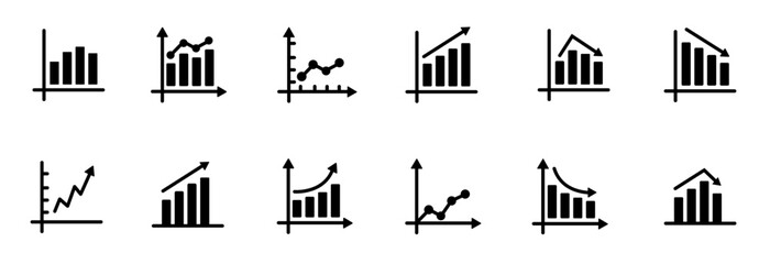 Bar chart icons.Growing chart with arrow.Business graph  icons.Statistic charts diagrams with down or up arrows. Vertical bar chart with different heights.Data analytics vector icons.