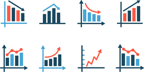 Bar chart icons.Growing chart with arrow.Business graph  icons.Statistic charts diagrams with down or up arrows. Vertical bar chart with different heights.Data analytics vector icons.