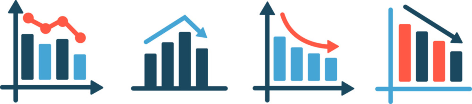 Bar chart icons.Growing chart with arrow.Business graph  icons.Statistic charts diagrams with down or up arrows. Vertical bar chart with different heights.Data analytics vector icons.