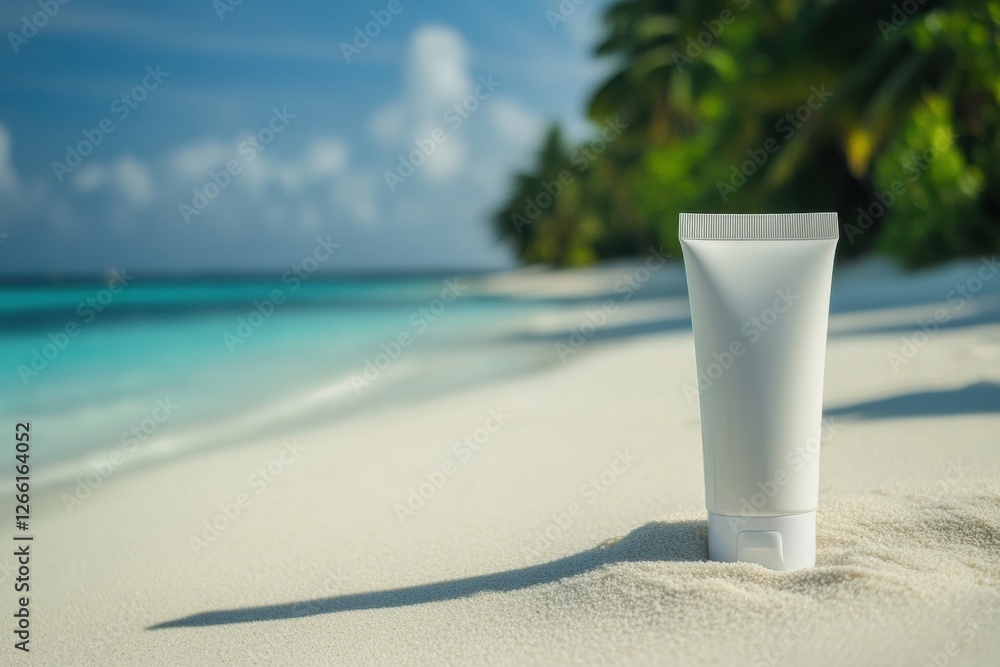 Leinwandbilder cosmetics cream tube mockup resting on sand with a beautiful beach and palm trees in the background 
