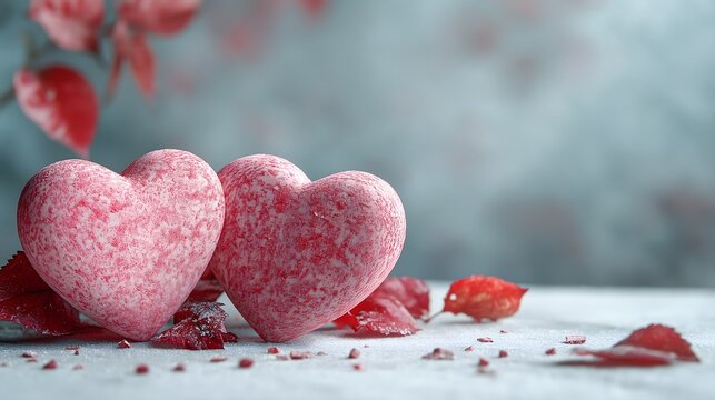 Two red romantic hearts with autumn leaves on a frosty background
