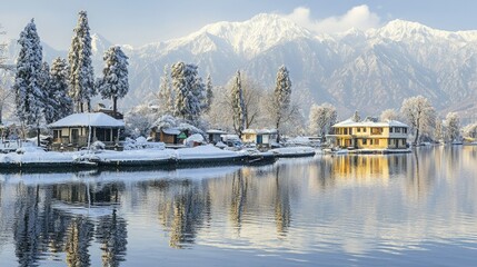 Fototapeta premium An epic winter scene of Dal Lake, where snowfall blankets the surrounding trees and houseboats, while the towering mountains stand majestically in the background.