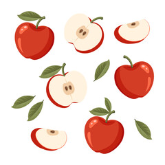 Set of red apples with leaves isolated on white background. Whole, half and slices of ripe juicy fruit. Summer harvest. Illustration