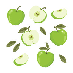 Set of green apples with leaves isolated on white background. Whole, half and slices of ripe juicy fruit. Summer harvest. Illustration