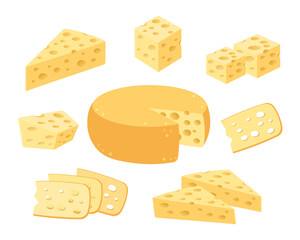 Cheese icons set. Swiss cheese wheel and slices. Cheese and pieces of cheese. Illustration