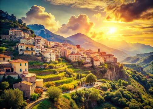 Vintage Style Italian Landscape: Sun-Drenched Hills near Erchie, Salerno