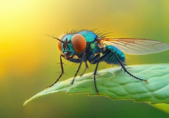 Naklejka premium Vibrant Green Fly Perched on a Leaf in Sunlight