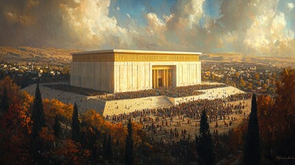 Fototapeta premium A grand temple with a large crowd gathered before it