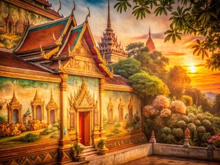 Vintage Style Photo: Ancient Thai Buddhist Temple Mural Painting